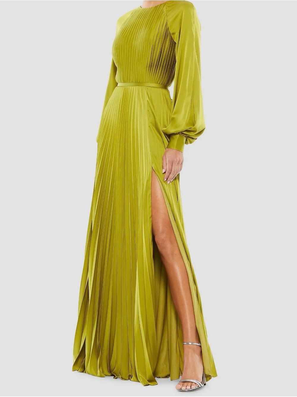 Olive Green Pleated Long Sleeve Maxi Dress